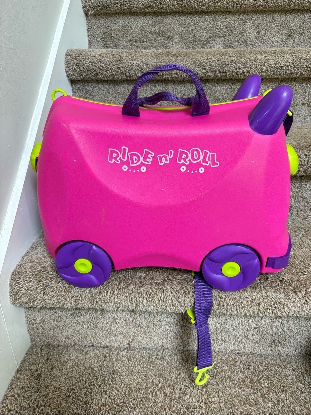 Ride'n Roll Pink Kids Ride-On Suitcase with- Purple Straps Accents